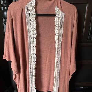 Rust Open Front Cardigan with Lace Trim